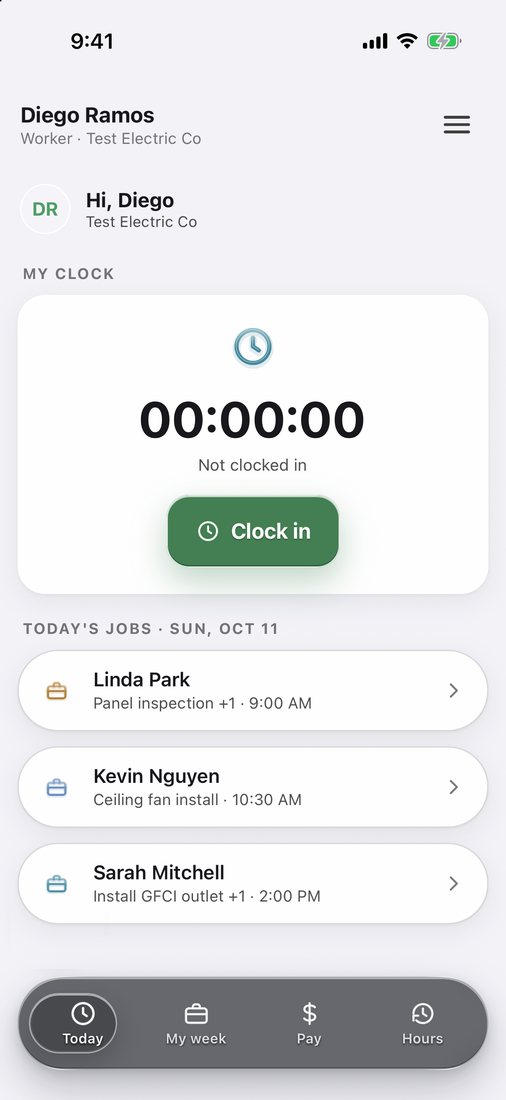 Worker app — clock in and today's jobs